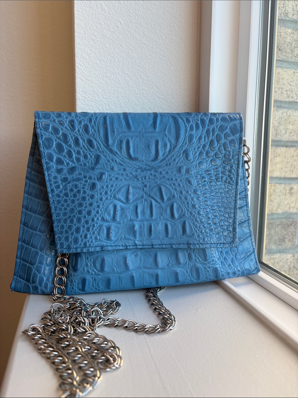 Kemestry Blue Croc-Embossed Leather Chain Shoulder Bag